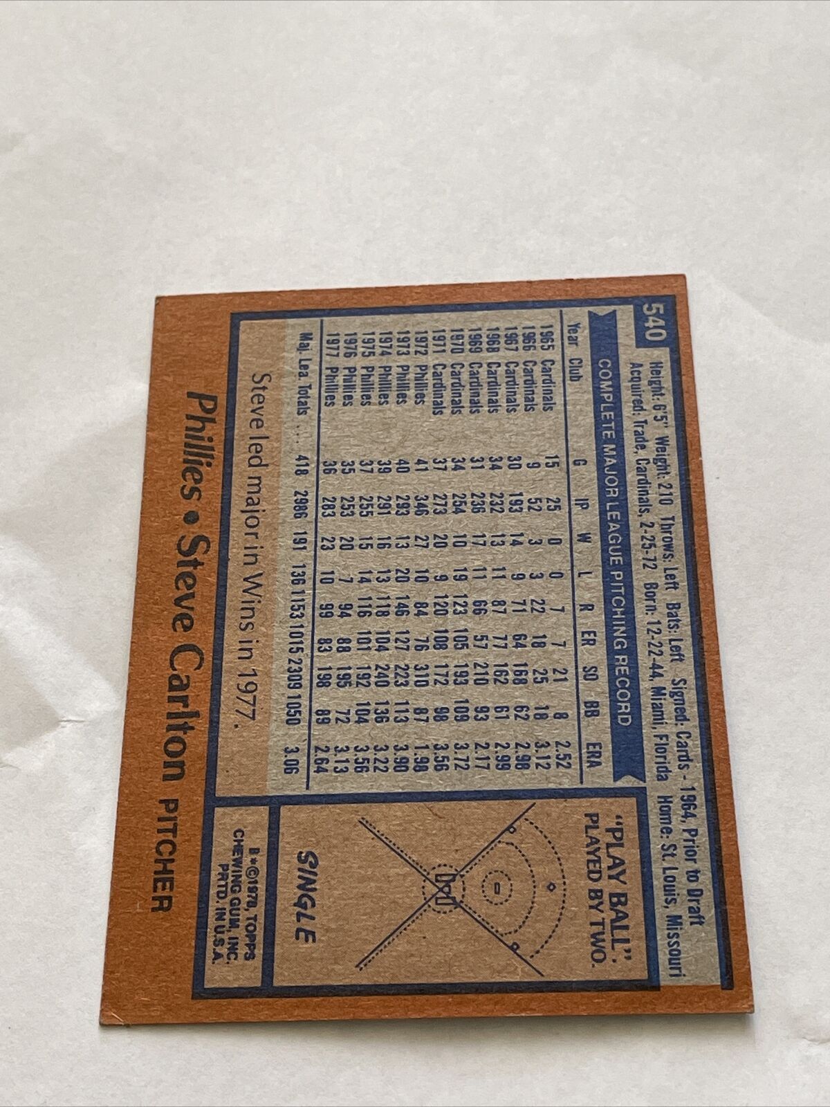 1978 Topps Steve Carlton  EX Philadelphia Phillies #540