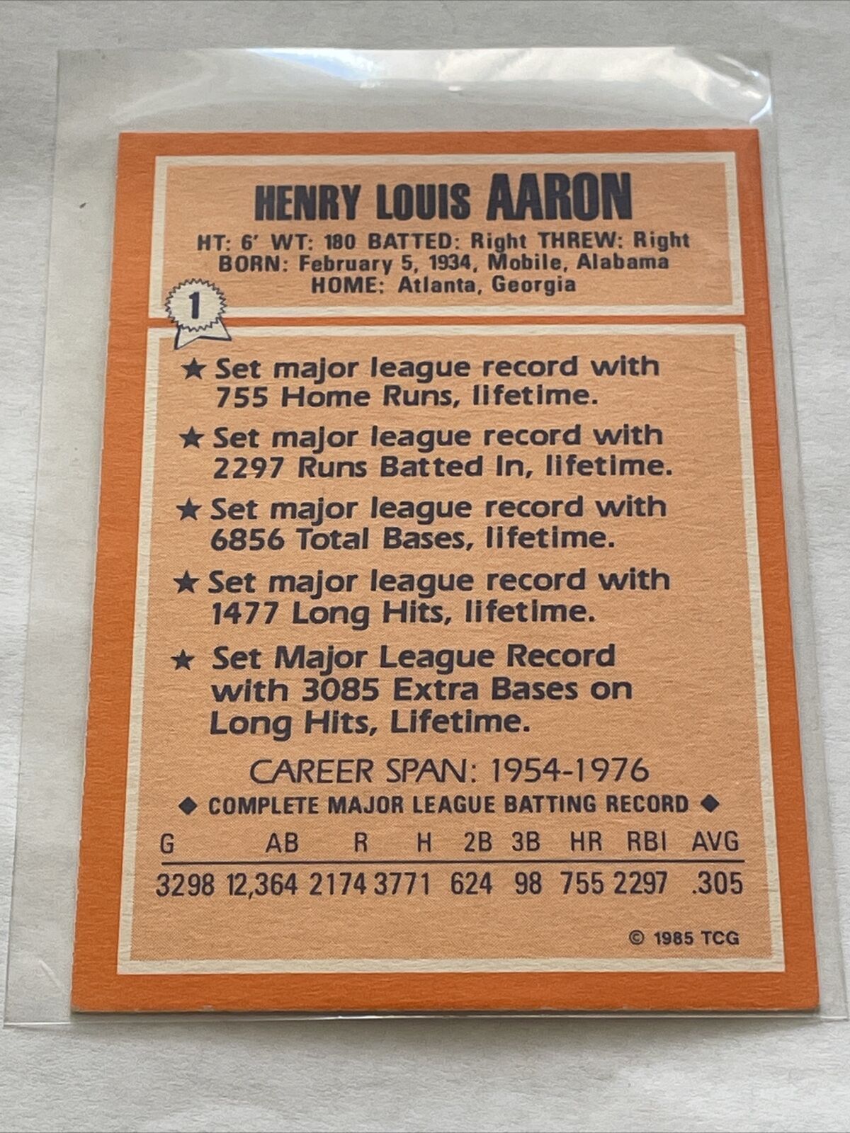 1985 Topps Collectors Series Baseball Card #1 Hank Aaron HOF Atlanta Braves EX